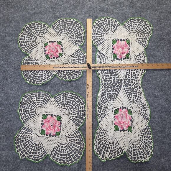 Handmade Crochet Doily Set Pink 3D Rose Runners Placemats Cottagecore Lot 3 - Picture 5 of 7